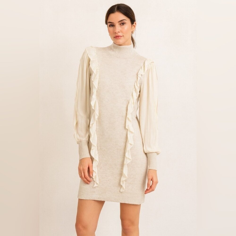 FIGARO Beige Sweater Long Sleeve Ruffle Knit Mini Dress  Quiet Luxury Size 2